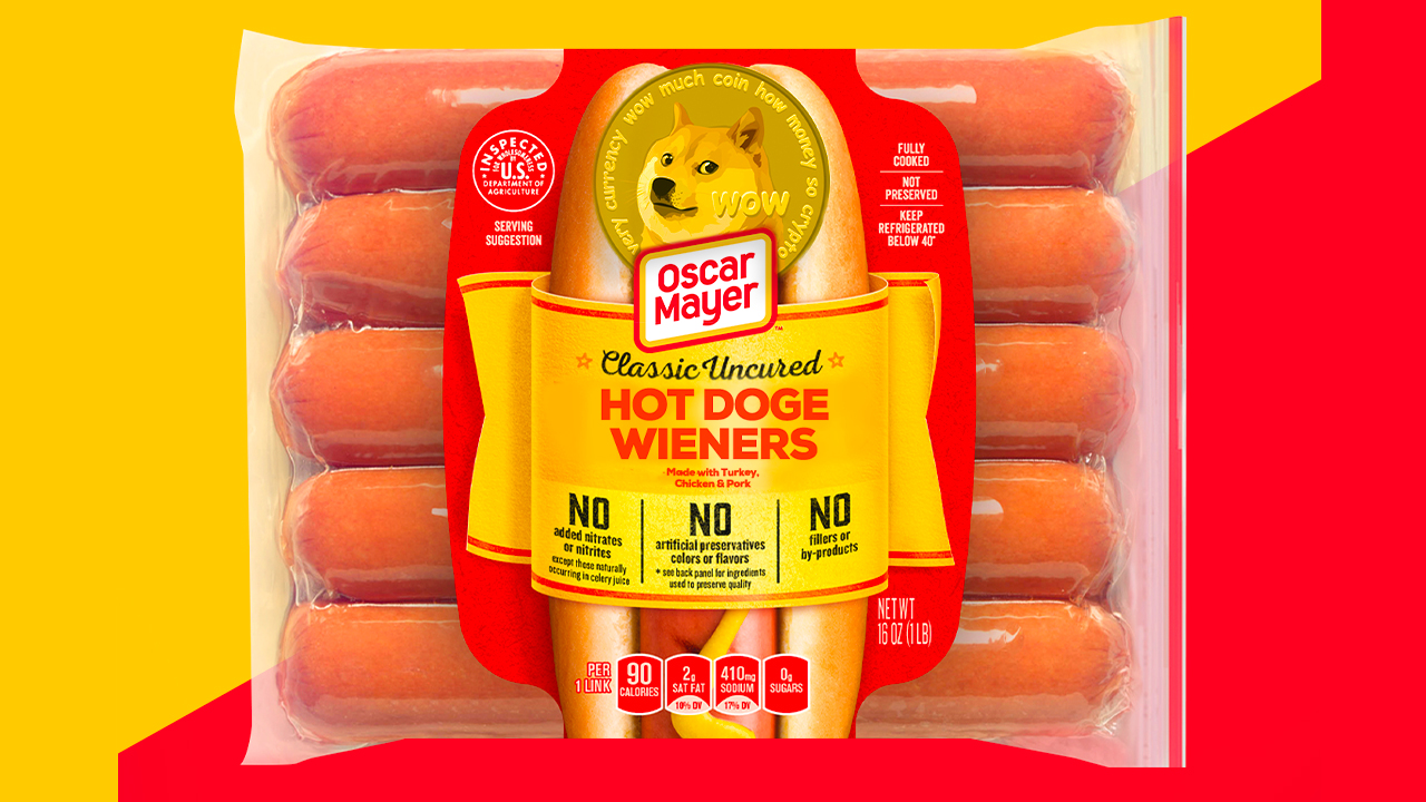 oscar mayer is auctioning a 10 pack of dogecoin themed hot dogs proceeds go to hunger relief charity KMHMi4