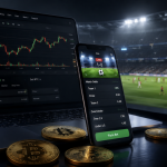 Laptop showing crypto trading charts and a smartphone with sports betting app at a stadium