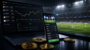 Laptop showing crypto trading charts and a smartphone with sports betting app at a stadium
